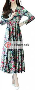 Womens Vintage Casual V Neck Comfy Fleece Velvet Long Sleeves Floral Elegant Maxi Party Dress with Pockets